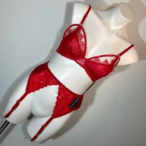 Red lace bra and garter New (top from Nasty Gal /  bottom from Escante)